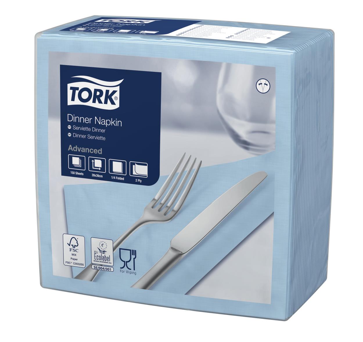 Tork Dinner Napkin Advanced servetten 39x39cm lichtblauw 2-laags 4-vouw (477905) - 12x150ST